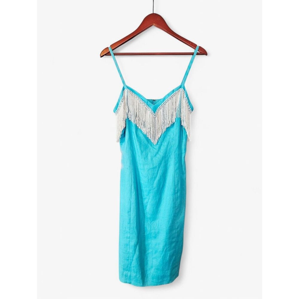 Vintage Pia Rucci 1980’s Blue Linen Beaded Fringe Party Cocktail Mini Dress 8